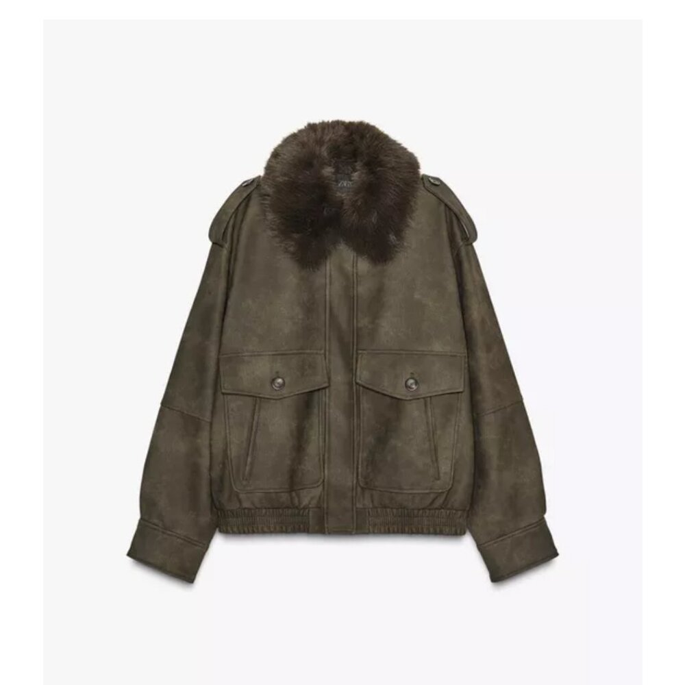 FAUX SUEDE JACKET WITH REMOVABLE large khaki COLLAR